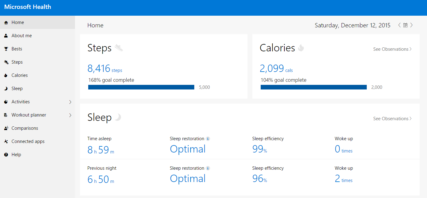 Microsoft Band dashboard