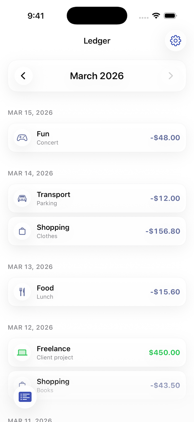 Transaction history in Ledgee