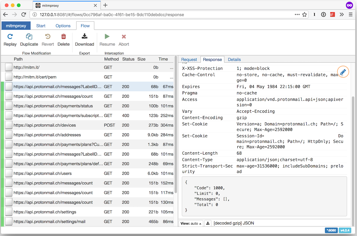 mitmproxy web UI