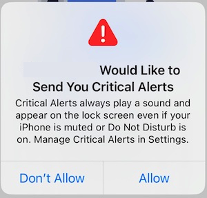 Notifications permissions dialog for Critical Alerts